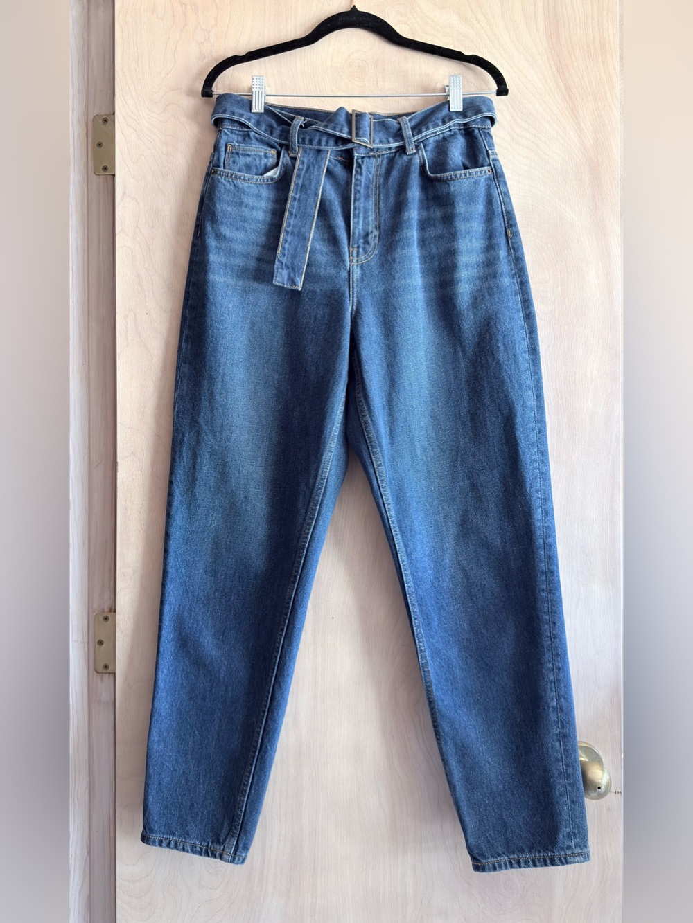 Zara Balloon Jeans 100% Cotton Removable Belt Blue 5 Pocket High Rise Womens 6